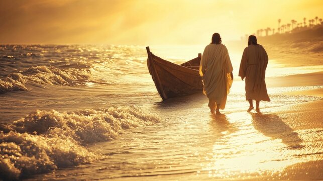 Jesus walking along the beach, calling James and John from their fishing boat, soft light illuminating the waves, emotional and realistic composition
