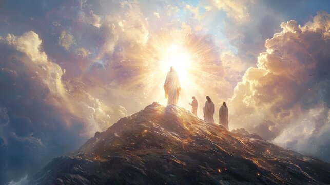 Jesus transfigured on the mountain, radiant light shining from His figure, Moses and Elijah appearing beside Him, disciples in awe, dramatic clouds and bright spiritual highlights