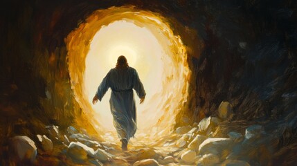 Oil painting illustration of resurrection of Jesus Christ seen from behind with empty tomb and sunbeam