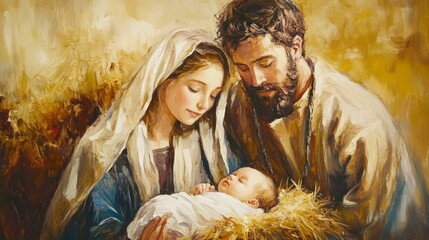Oil painting representing the holy family. Nativity scene in Bethlehem. Christmas scene illustration showing holy family with Joseph Mary baby Jesus