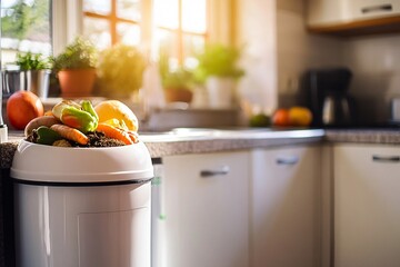 Kitchen Scene with Fresh Vegetables and Compost Bin in Bright Setting