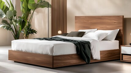 A modern wooden bed with a minimalist design, paired with decorative pillows, set in a stylish room with greenery.