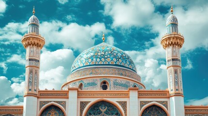 Mosque Architecture with Blue Dome and Minaret