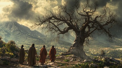 The withered fig tree standing in stark contrast to the vibrant landscape, Jesus and His disciples walking past, soft natural lighting, symbolic and realistic textures