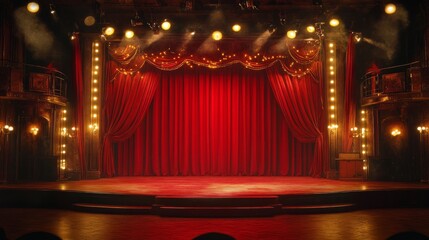 Theater stage with red curtains and spotlights
