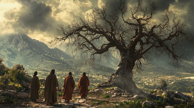 The withered fig tree standing in stark contrast to the vibrant landscape, Jesus and His disciples walking past, soft natural lighting, symbolic and realistic textures