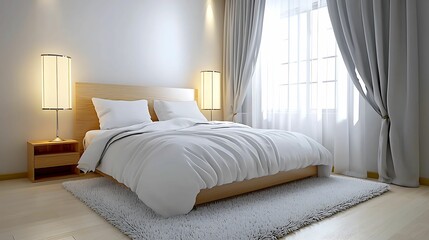 A modern, serene bedroom featuring a wooden bed, white bedding, curtains, and soft lighting, creating a cozy and inviting atmosphere.