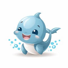 Fototapeta premium Adorable Cartoon Dolphin with Bright Blue Color and Cheerful Expression, Surrounded by Bubbles, Perfect for Children's Illustrations and Marine-Themed Designs