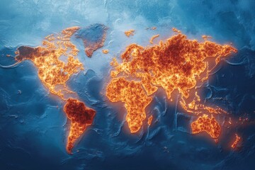 A world map with a fire burning on it
