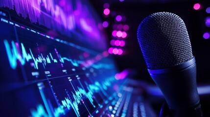 Close-up of a professional microphone and audio waveform displayed on a computer screen in a podcasting studio setup, showcasing audio editing technology