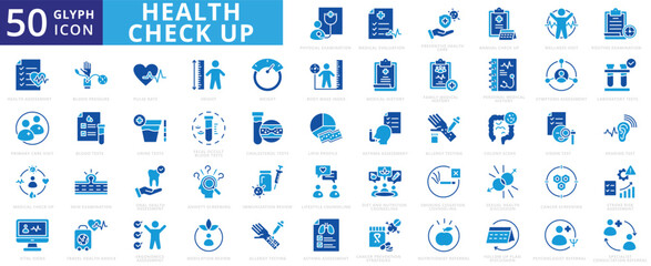 Health check-up icon set with physical examination, medical evaluation, preventive, annual, wellness visit, routine examination, health assessment, primary care visit, laboratory, blood, and medical