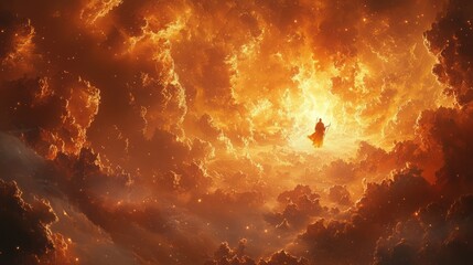 Elijah being carried to heaven in a chariot of fire, radiant light and dynamic clouds, awe-inspiring atmosphere, intricate and mystical composition
