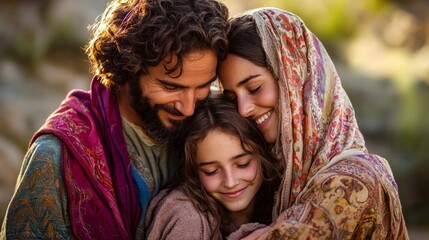 Jairus and his wife embracing their daughter as she sits up, Jesus smiling gently, vibrant tones with soft natural lighting, deeply emotional and spiritual atmosphere