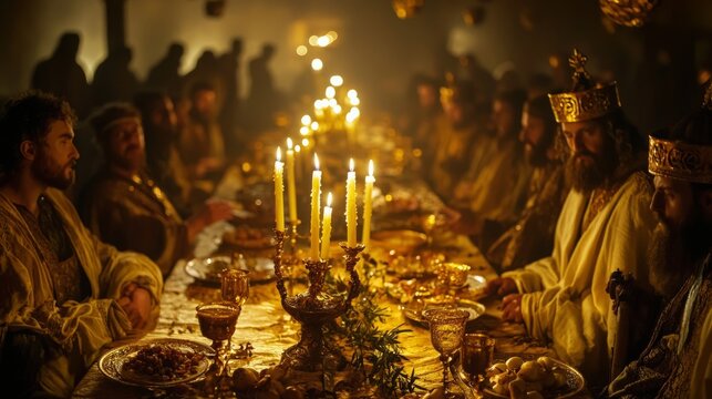 Herod Antipas at the banquet where John the Baptist is sentenced, lavish feast table, candlelight reflecting off golden goblets, tense atmosphere, detailed realism