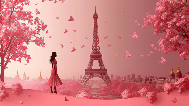 Woman in pink dress admires the Eiffel Tower in a dreamy pastel landscape with butterflies and cherry blossoms. Generative AI - Powered by Adobe