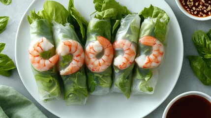 Fresh Shrimp Spring Rolls with Greens and Dipping Sauce on Plate
