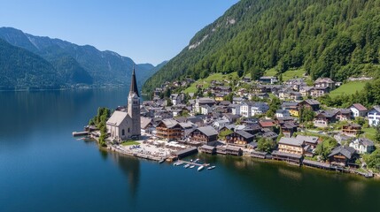 Fototapeta premium Scenic View of Alpine Village Near Serene Mountain Lake in Summer