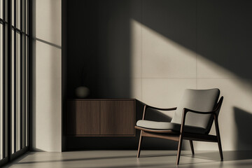 Armchair near cabinet against concrete wall with frame. Minimalist interior design of modern living room.