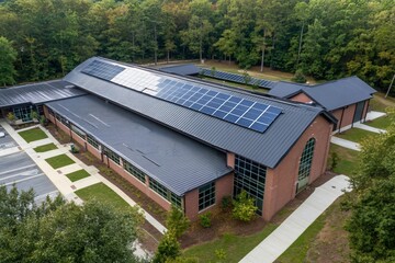 Roof Solar Panel Installation on Modern Building in Forested Area