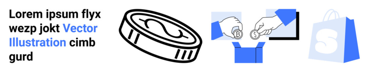 Coin and computer representing digital payments, a shopping bag, and secure transactions. Ideal for e-commerce, online shopping, secure payments, digital marketplaces, and financial