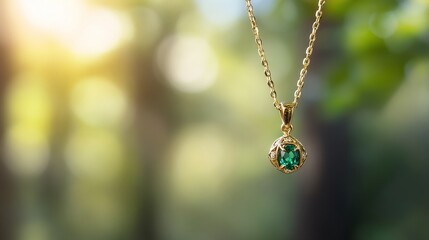 Elegant gold necklace with a green gemstone pendant in nature.