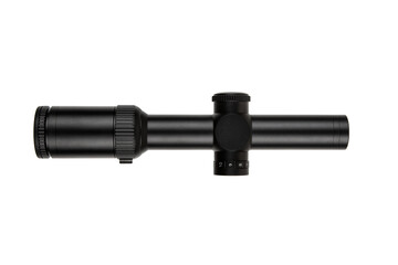 Black rifle scope with adjustment knobs and magnification settings, isolated on a white background.