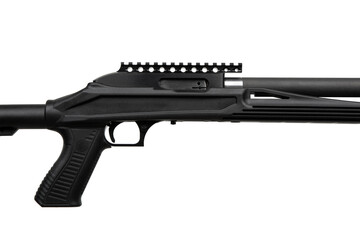 Close-up of a .22 caliber rifle with a modern tactical design, adjustable black stock, and extended...