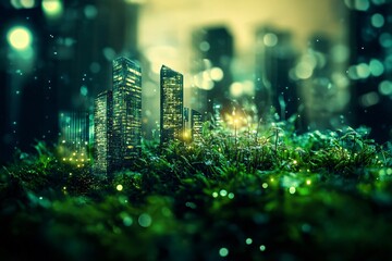 Fototapeta premium Futuristic cityscape blending with nature at twilight glow