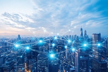 Fototapeta premium Futuristic Cityscape Connectivity Concept with Digital Lines and Nodes