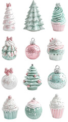 set of christmas icons, Christmas tree, bell, a frosted cupcake, star, present, holly, cupcake, and snow-covered gifts, isolated, transparent, png, background