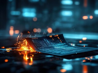 Dystopian future unveiled the symbolism of a burning stock certificate futuristic cityscape digital art dark environment abstract perspective economic collapse