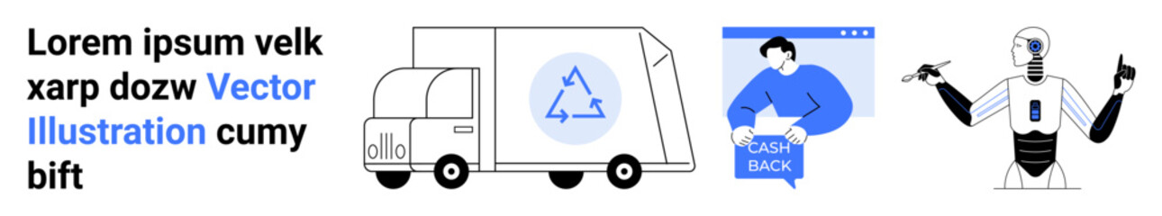Recycling truck with recycling symbol, online customer support agent holding cash back sign, advanced robot interacting. Ideal for technology, customer service, recycling programs, robotics, online