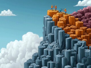 Obraz premium Colorful cartoon team climbing a mountain made of fafe vibrant landscape digital art playful environment inspiring adventure concept