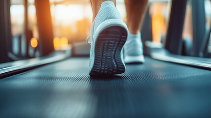 Close-up of legs and shoes running on a treadmill in a fitness club during a sports training session