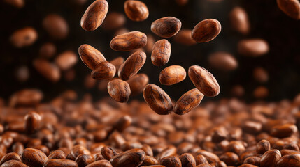 Fototapeta premium Falling cocoa beans create dynamic scene, showcasing their rich texture and color against dark background. image captures essence of chocolate production
