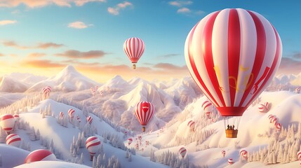 Obraz premium A whimsical hot air balloon ride over a landscape of candy cane fields and gumdrop mountains, capturing the magic of Christmas from high above.