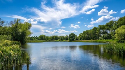 Summer lake landscape with green trees and blue sky