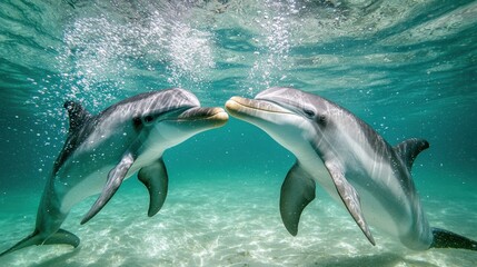 Fototapeta premium Dolphins jumping and playing in the clear sea water at loma beach underwater adventure