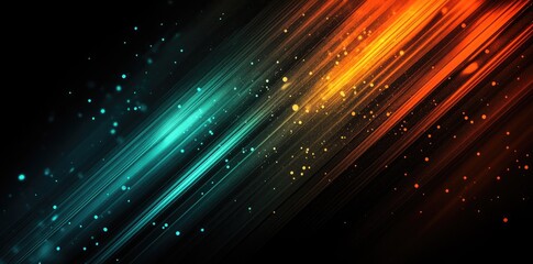 Colorful Light Stripes on Black Background with Grainy Texture, Dark Teal and Orange Gradient, Volumetric and Cinematic Lights