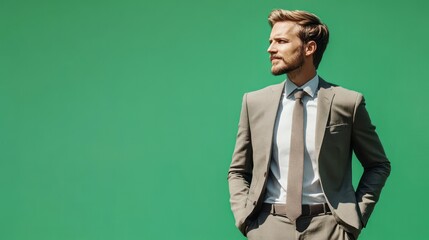 A charismatic business professional in sleek attire, highlighted by a fresh green background