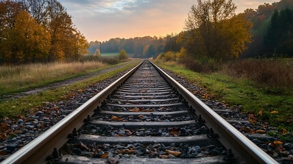 Railroad Tracks Leading to Autumn Forest at Sunset