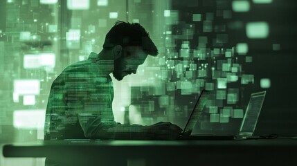 A coder creating innovative solutions, with a bold green background symbolizing problem-solving