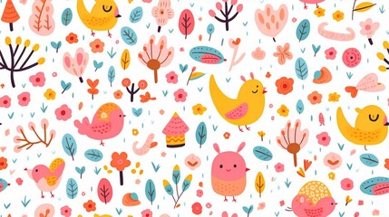 Seamless Floral Cartoon Pattern Wallpaper Illustration with Birds and Hearts for Spring Baby Decor