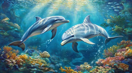 Obraz premium Dolphins jumping playfully in the sea coral reef underwater scene ocean environment nature concept