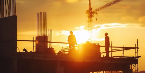 Construction Workers Silhouetted Against Sunset Sky