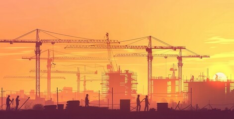 Construction Workers Silhouette at Sunset Cityscape