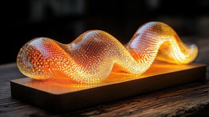 Fototapeta premium Elegant Curved Glass Sculpture with Warm Illumination on Wooden Base Showcasing Modern Design and Artistic Craftsmanship in Interior Decor