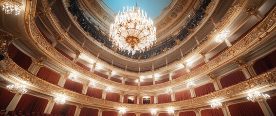 Obraz premium Elegant theater interior with chandeliers and ornate decorations.