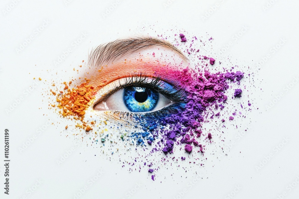 Canvas Prints A vibrant close-up of a woman's eye with colorful eye shadow, showcasing creative makeup art with a blend of orange, pink, and purple hues.