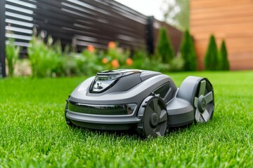 A small robot is on a green lawn